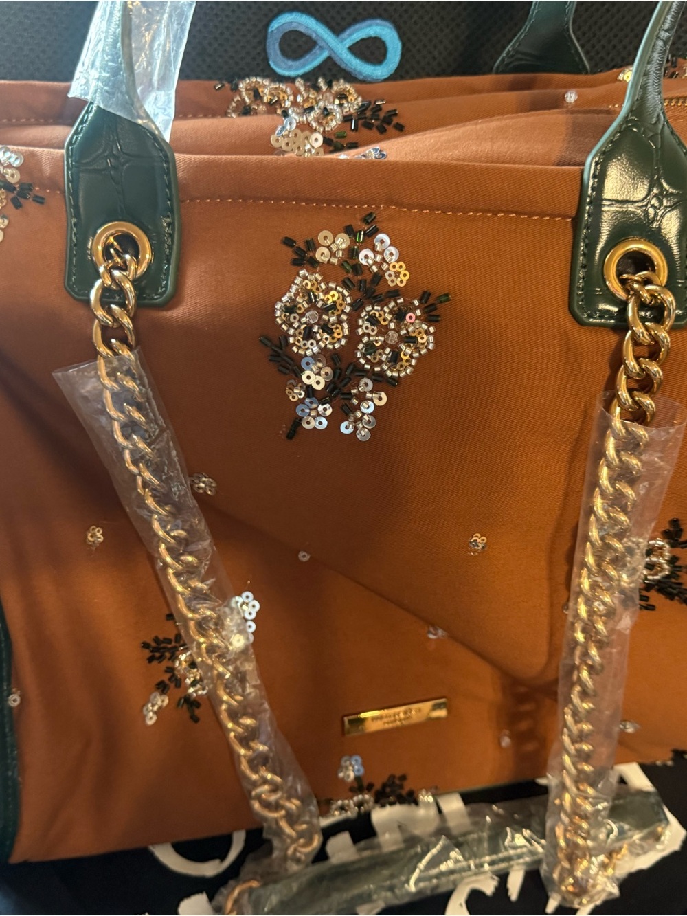 Kurt Geiger Hoxton Shopper Tote Brownwith Dark Green Trim and Gold Chain Handles - Picture 11 of 14